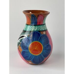 Mexican Hand Painted Red‎ Clay Pottery Vase  Flowers Design 4.5" Tall